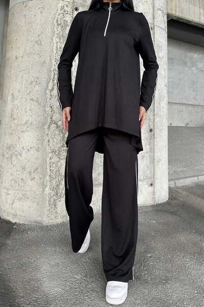 NEW LAVİVA Black Asymmetrical Cut, Zippered Blouse & Wide Leg Pants - Viscose Two Yarn Fabric Top & Bottom Set