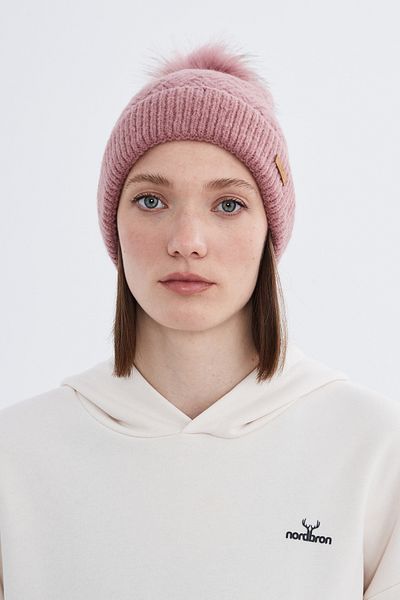 Nordbron Dusty Rose Acrylic Women's Korg - Soft Stretchy, Double Fold, Pompom Beret