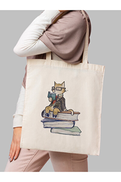 Cemira Kedi ve Kitaplar Ham Bez Tote Bag Çanta, Pinterest Çanta, Kitap Çantası