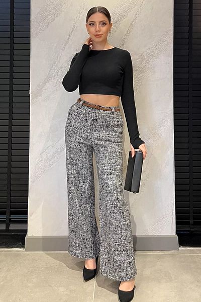 GÜLSELİ Black and Gray Women's High Waist Self Patterned Waist Elastic Winter Wide Leg Palazzo Pants