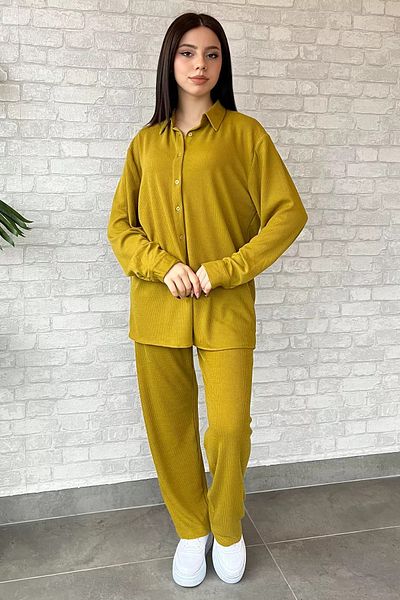 GÜLSELİ Oil Green Women's Ribbed Shirt Pants Double Set