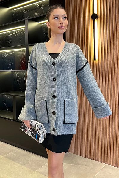 GÜLSELİ Gray Women's Sleeve Folded Stripe Patterned Knitwear Cardigan