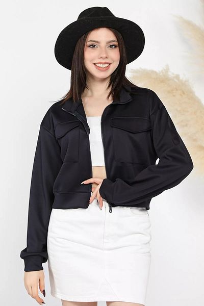 GÜLSELİ Navy Blue Women's Scuba Fabric Zippered Double Pocket Cardigan
