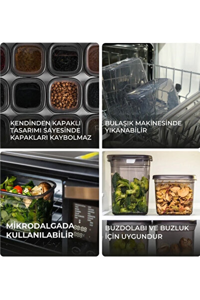 SUPERPUP 6'lı Kendinden Kapaklı Erzak Dondurucu Baharat Saklama Kabı Seti 1,15 Litre Antrasit