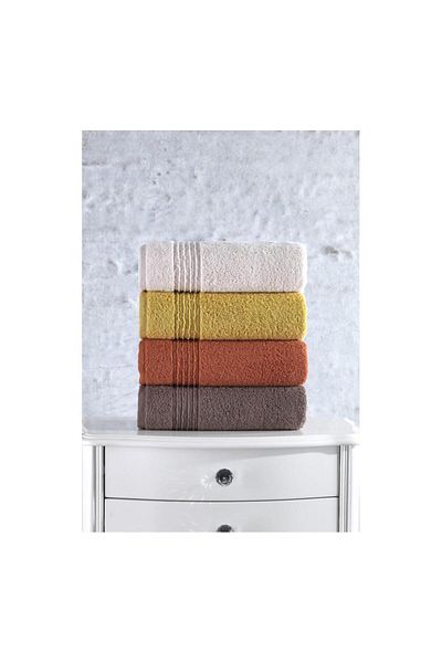 şirin eşyalarım 4-Piece Dobby Towel Set - 100% Cotton, Plump Coral, Yellow, Brown, Beige