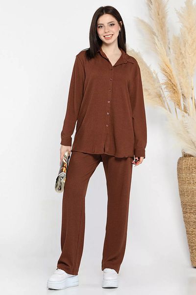 GÜLSELİ Coffee Women's Ribbed Shirt Pants Double Set