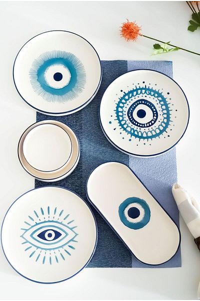 Kevin Seramik 14 Pieces Handmade Special Design Breakfast Set for 6 People with Evil Eye Beads