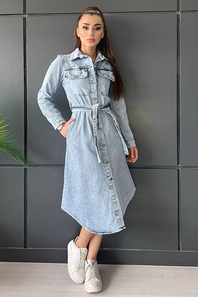 GÜLSELİ Rochie albastră cu buzunar dublu, cu nasturi în față, cu gât polo, din denim