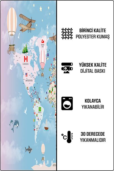 Erays Home Εκπαιδευτικός Παγκόσμιος Χάρτης Παγκόσμιος Χάρτης με μοτίβο ψηφιακής τυπωμένης κουρτίνας φόντου 2 Wings Σαλόνι