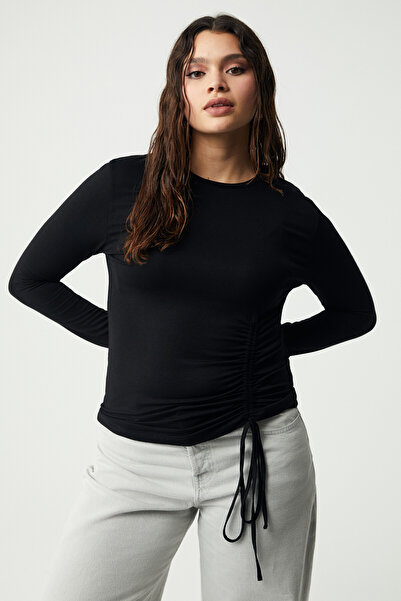 ETHIQUET Sablebb Women's Viscose Body-Hugging Fabric Drawstring Detailed Tie-Up Black Plus Size Blouse