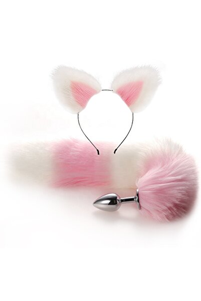 Tilki Kuyruğu Anal Plug Pembe-Beyaz Fox Tail Anal Plug Seti