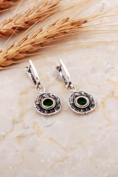 Sümer Telkari Kök Zümrüt Taşlı Sarmaşık Tasarım Elişi Gümüş Küpe 7207