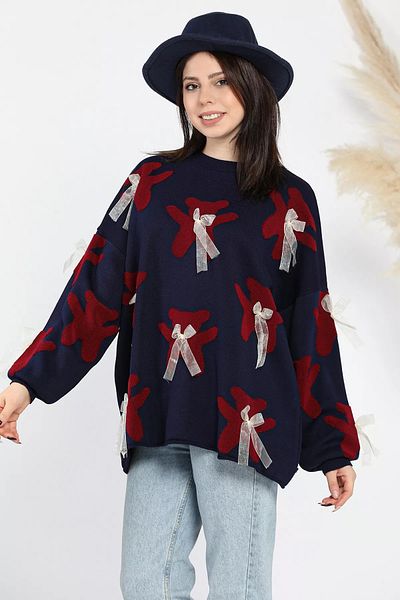 GÜLSELİ Navy Blue Teddy Bear Patterned Ribbon Crew Neck Women's Knitwear Sweater