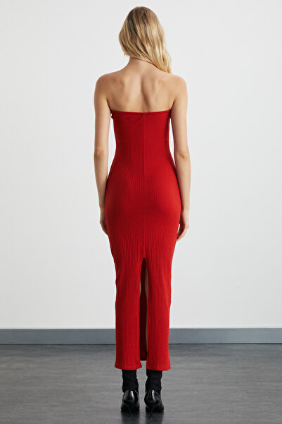 GRIMELANGE Dellılah Women's Wide Fit Stretchy Fabric Bodycon Strapless Slit Red Dress