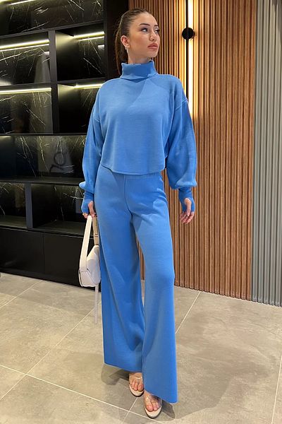 GÜLSELİ Blue Women's Finger Snap High Waist Knitwear Set