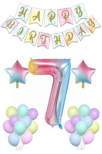 Ezgi Party Store Rainbow Concept 7 Year Old Birthday Party Celebration Set; Number and Star Foil, Banner and Macaron Honey