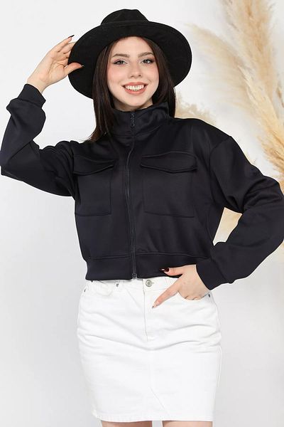 GÜLSELİ Navy Blue Women's Scuba Fabric Zippered Double Pocket Cardigan