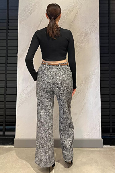 Zehra Gül Siyahgri Kadın Yüksek Bel Kendinden Desenli Bel Lastikli Kışlık Bol Paça Palazzo Pantolon