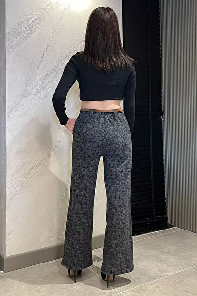 Zehra Gül Antrasit Kadın Yüksek Bel Kendinden Desenli Bel Lastikli Kışlık Bol Paça Palazzo Pantolon