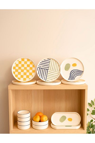 Kevin Seramik Hand Made 14 Piece Modern Breakfast Set for 6 People - Luxury Breakfast Presentation Plate Set