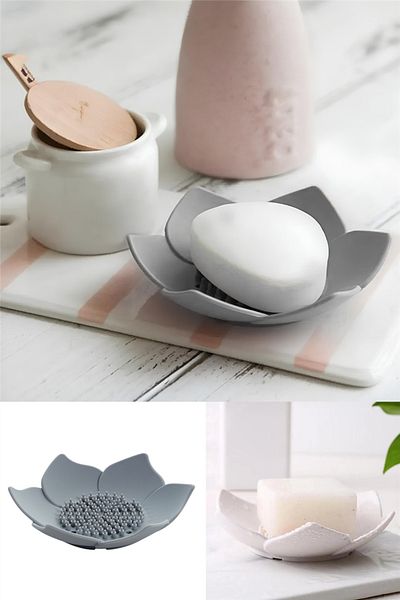omilife Silicone Gray Lotus Patterned Soap and Sponge Holder - Stylish Solid Soap Dispenser with Water Drain