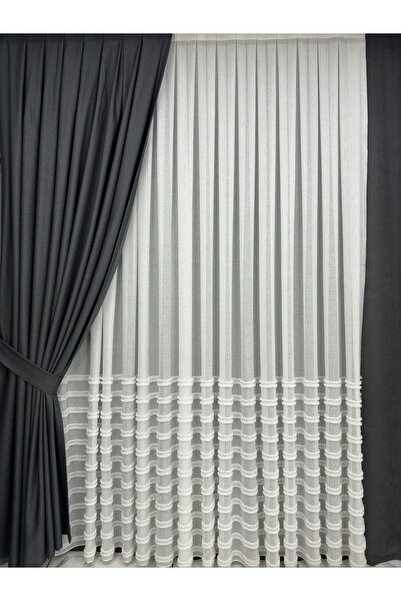Taç Meyra Parlak Pamuklu Antrasit Fon Perde 1/3 Sık Pile