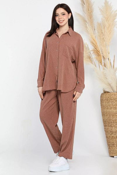 GÜLSELİ Light Brown Women's Shirt Pants Wrapped Double Set