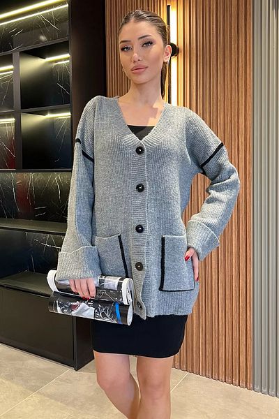GÜLSELİ Gray Women's Sleeve Folded Stripe Patterned Knitwear Cardigan