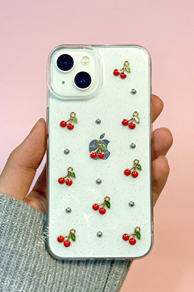 WANNA PROTECT iPhone 15 Uyumlu Kiraz Desenli Şeffaf Kapak Simli Darbeye Karşı...