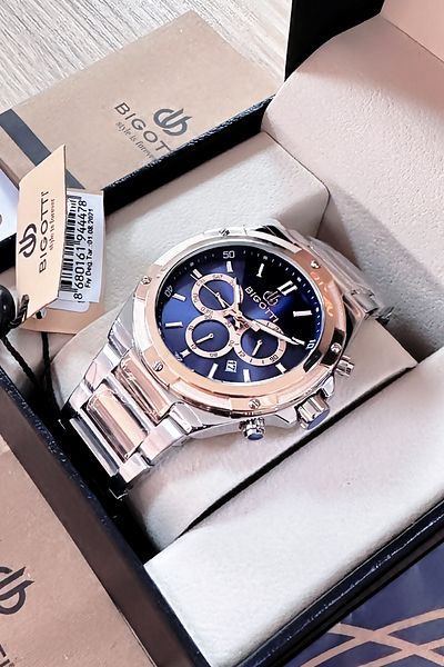 Bigotti Custom Boxed 5 Atm Waterproof Men Wristwatch Silver Rose Color Steel Band+Gift Bracelet Bme2020C5