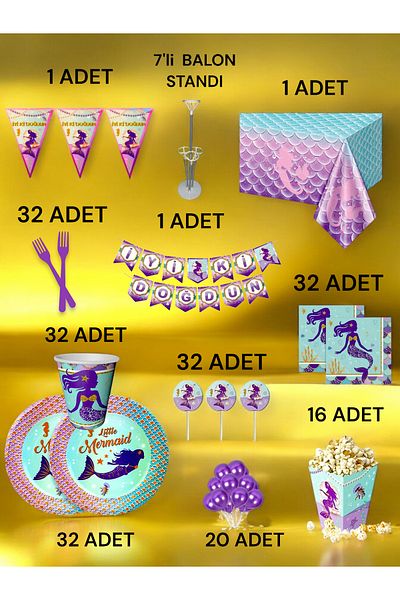 VibeHome Mermaid Themed 2XL Pack for 32 - Birthday Party & Fun Events