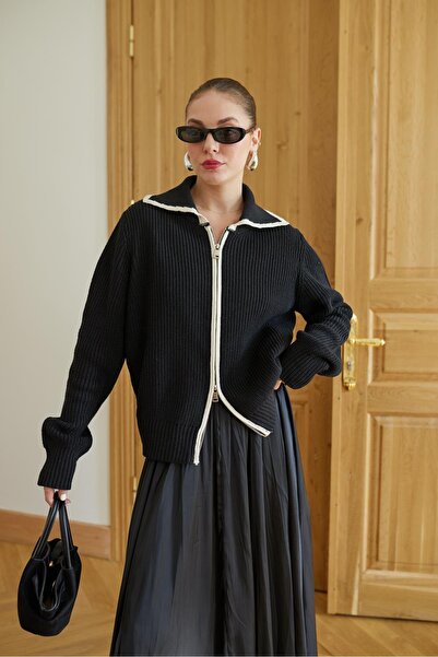 Zey Studio سترة نسائية سوداء اللون بياقة قميص ومزودة بسحاب مزدوج