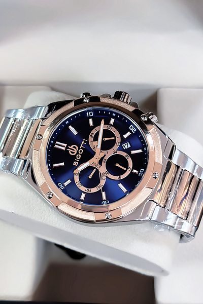 Bigotti Custom Boxed 5 Atm Waterproof Men Wristwatch Silver Rose Color Steel Band+Gift Bracelet Bme2020C5