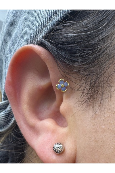 Arescollection Mavi taşlı çelik tragus helix lobe uyumlu 1 adet piercing kupe