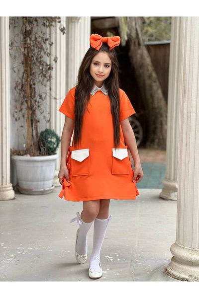 Öyküm Moda Kids Loose Dress with Side Bow Detail Consist of Plug-in Collar Socks and Buckle