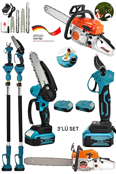 DYNAMİC MAX 3'lü Set Şarjlı Teleskopik Dal Budama Bağ Makası-Zinçirli Testere...