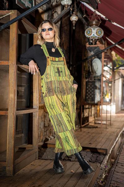 Miss Boheme Pistachio Green Unisex Nepal Patchwork Jumpsuit