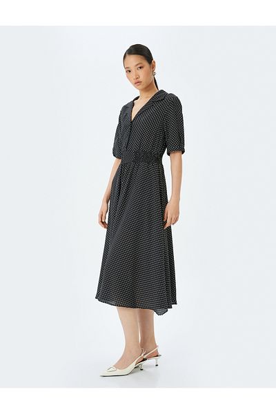 Koton Polka dot patterned shirt collar short sleeve midi viscose dress.