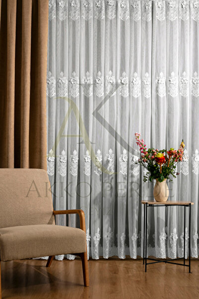 Karesi ROSE SIK PİLELİ DANTELLİ GÜL KABARTMALI İNCİLİ 1X3 TÜL PERDE