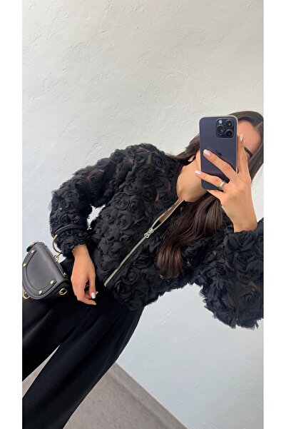 BelezaStore Τρισδιάστατο μαύρο μπουφάν ροζ ζακέτα με τρισδιάστατο ροζ