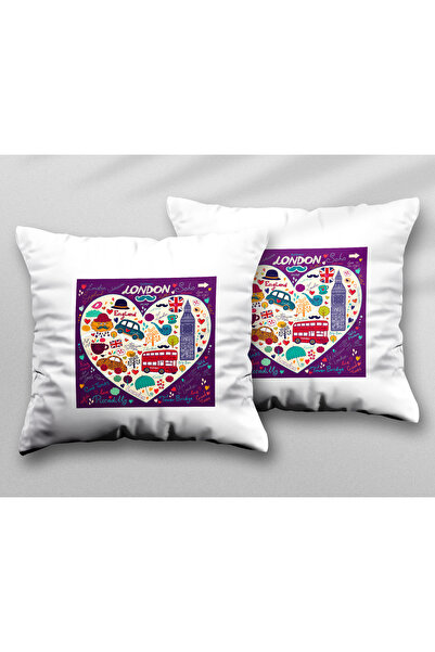 ART HEDİYE England London Themed Two Pcs Two Side Printed Washable Pillow Thr...