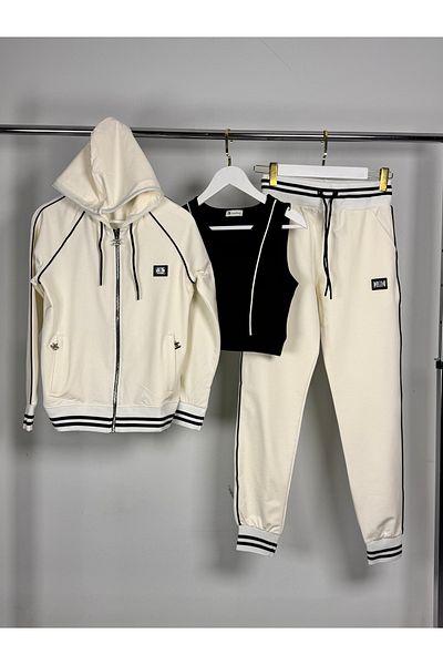Posh Chic 3-Piece Women's Tracksuit Set with Black-Cream Detail - Comfortable and Stylish Design