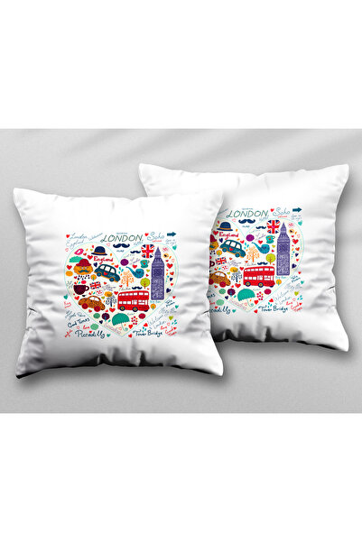 ART HEDİYE London Themed England Printed Washable Pillow - Two Pieces