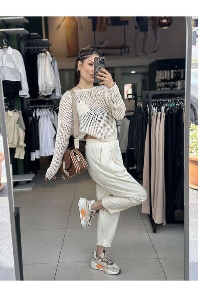 İstanbul Keten Havuç Paça Pantolon-M - KREM