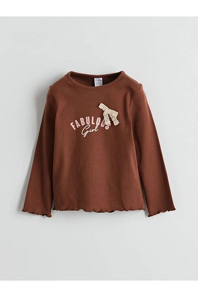 LC Waikiki LCW Baby - Кафява тениска с дълъг ръкав и щампа за момичета