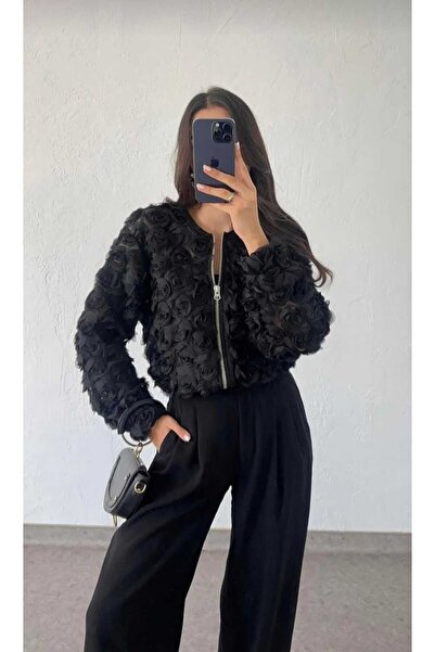 BelezaStore Τρισδιάστατο μαύρο μπουφάν ροζ ζακέτα με τρισδιάστατο ροζ