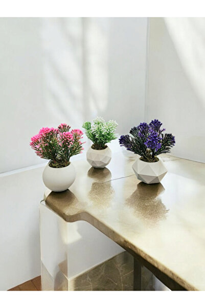 zanfagroup Mini Beton Saksı 3 Lü Set Boncuk Yapay Çiçek