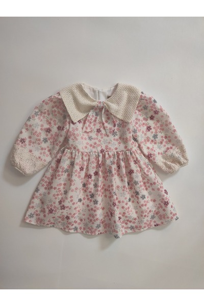 Baby Çiçekli Yakası ve Kolu Pamuk Dantel Detaylı Kız Çocuk Elbise