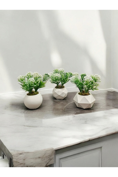 zanfagroup Mini Beton Saksı 3 Lü Set Boncuk Yapay Çiçek
