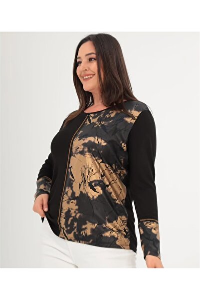 ZY BUTİK Plus Size Black Gold Leaf and Stone Detailed Blouse